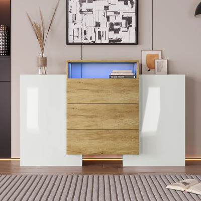 Buffet Contemporain Blanc Brillant et Bois Naturel avec LED Multicolores et Rangement Modulaire VRASUK