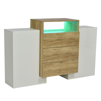 Buffet Contemporain Blanc Brillant et Bois Naturel avec LED Multicolores et Rangement Modulaire VRASUK