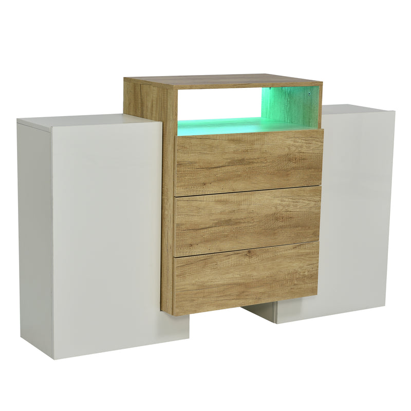 Buffet Contemporain Blanc Brillant et Bois Naturel avec LED Multicolores et Rangement Modulaire VRASUK