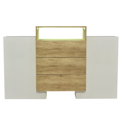 Buffet Contemporain Blanc Brillant et Bois Naturel avec LED Multicolores et Rangement Modulaire VRASUK