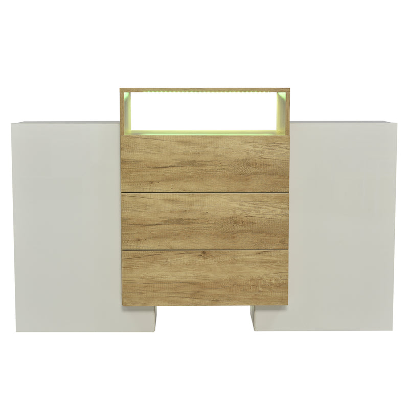 Buffet Contemporain Blanc Brillant et Bois Naturel avec LED Multicolores et Rangement Modulaire VRASUK