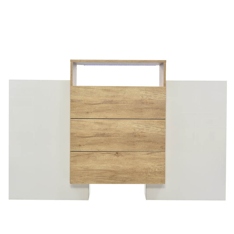 Buffet Contemporain Blanc Brillant et Bois Naturel avec LED Multicolores et Rangement Modulaire VRASUK