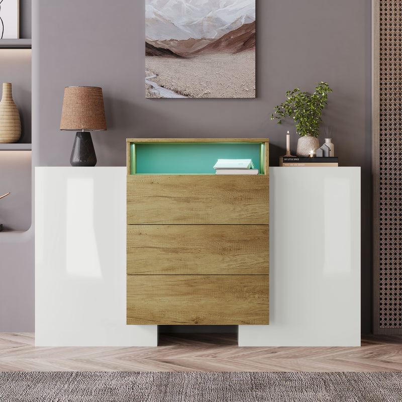 Buffet Contemporain Blanc Brillant et Bois Naturel avec LED Multicolores et Rangement Modulaire VRASUK