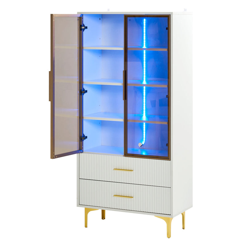 Vitrine Blanche Élégante avec Portes en Verre Teinté, LED 16 Couleurs et Pieds Dorés VRETONS