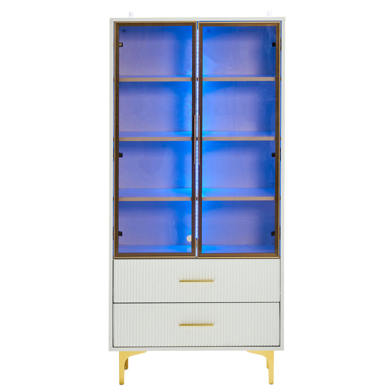 Vitrine Blanche Élégante avec Portes en Verre Teinté, LED 16 Couleurs et Pieds Dorés VRETONS