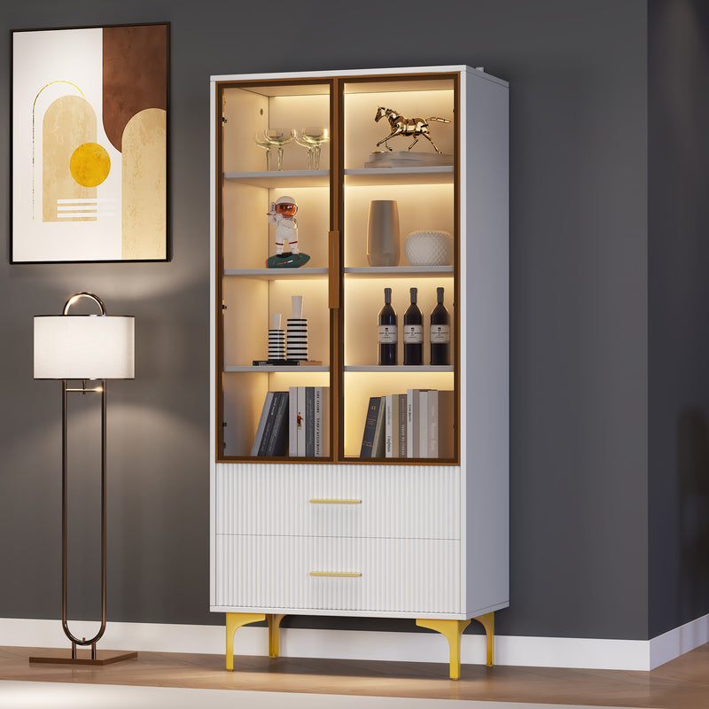 Vitrine Blanche Élégante avec Portes en Verre Teinté, LED 16 Couleurs et Pieds Dorés VRETONS
