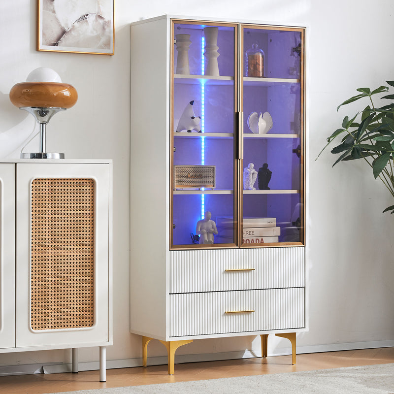 Vitrine Blanche Élégante avec Portes en Verre Teinté, LED 16 Couleurs et Pieds Dorés VRETONS