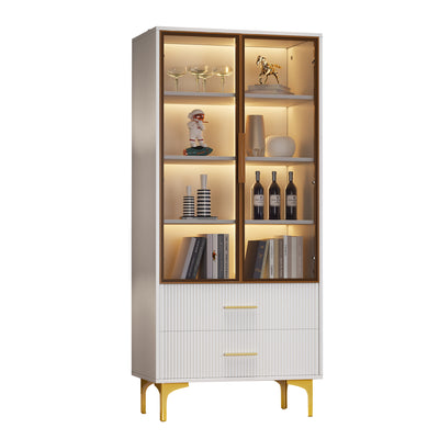 Vitrine Blanche Élégante avec Portes en Verre Teinté, LED 16 Couleurs et Pieds Dorés VRETONS