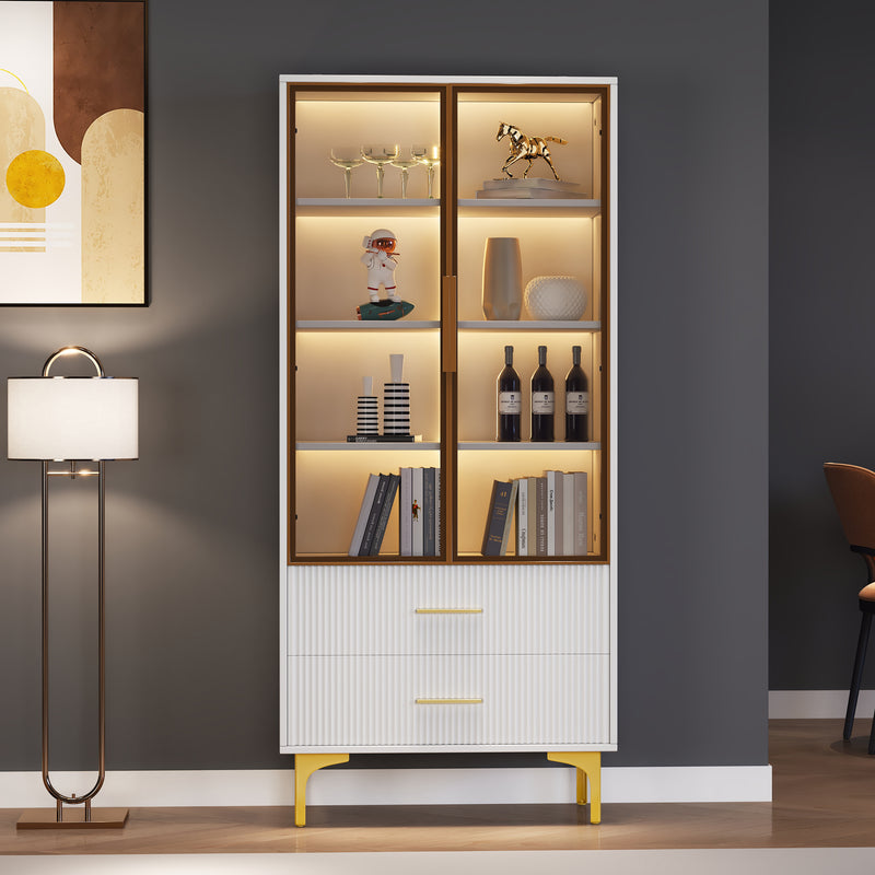 Vitrine Blanche Élégante avec Portes en Verre Teinté, LED 16 Couleurs et Pieds Dorés VRETONS