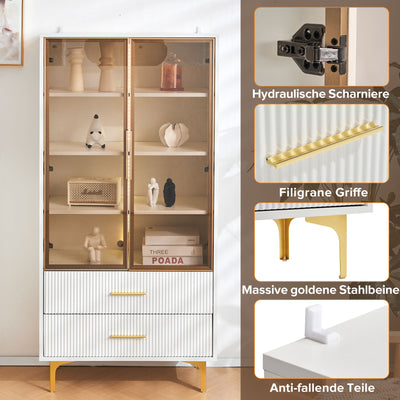 Vitrine Blanche Élégante avec Portes en Verre Teinté, LED 16 Couleurs et Pieds Dorés VRETONS