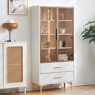 Vitrine Blanche Élégante avec Portes en Verre Teinté, LED 16 Couleurs et Pieds Dorés VRETONS