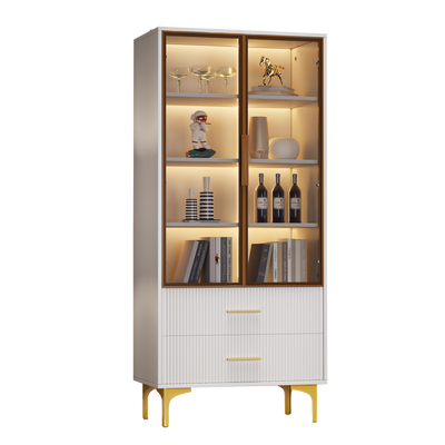 Vitrine Blanche Élégante avec Portes en Verre Teinté, LED 16 Couleurs et Pieds Dorés VRETONS