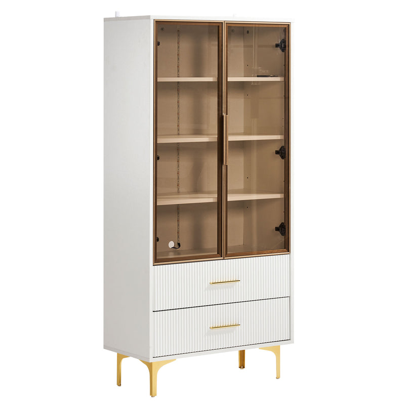 Vitrine Blanche Élégante avec Portes en Verre Teinté, LED 16 Couleurs et Pieds Dorés VRETONS