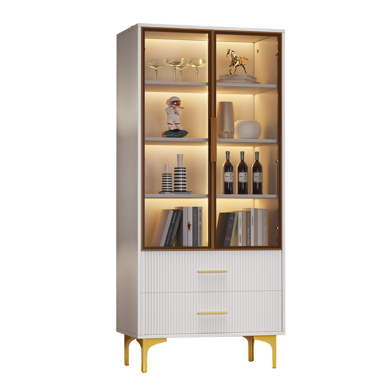 Vitrine Blanche Élégante avec Portes en Verre Teinté, LED 16 Couleurs et Pieds Dorés VRETONS