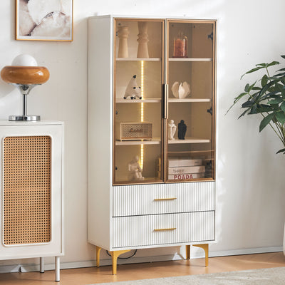 Vitrine Blanche Élégante avec Portes en Verre Teinté, LED 16 Couleurs et Pieds Dorés VRETONS