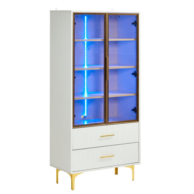 Vitrine Blanche Élégante avec Portes en Verre Teinté, LED 16 Couleurs et Pieds Dorés VRETONS