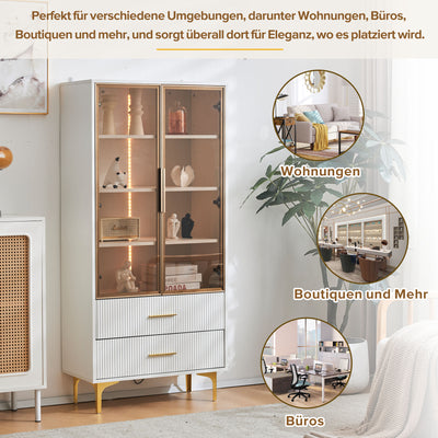 Vitrine Blanche Élégante avec Portes en Verre Teinté, LED 16 Couleurs et Pieds Dorés VRETONS