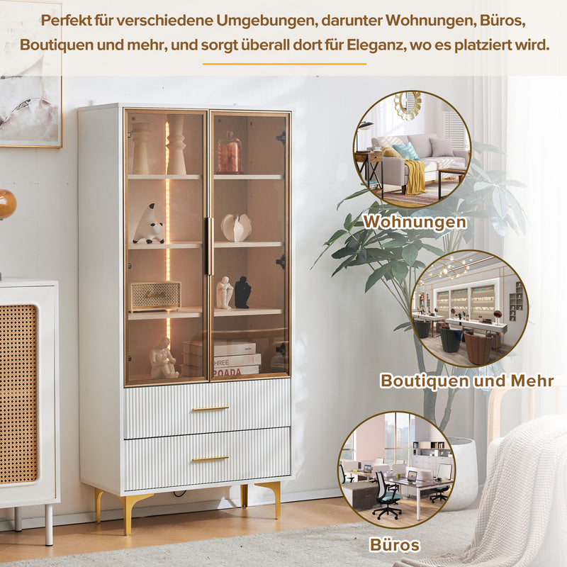 Vitrine Blanche Élégante avec Portes en Verre Teinté, LED 16 Couleurs et Pieds Dorés VRETONS