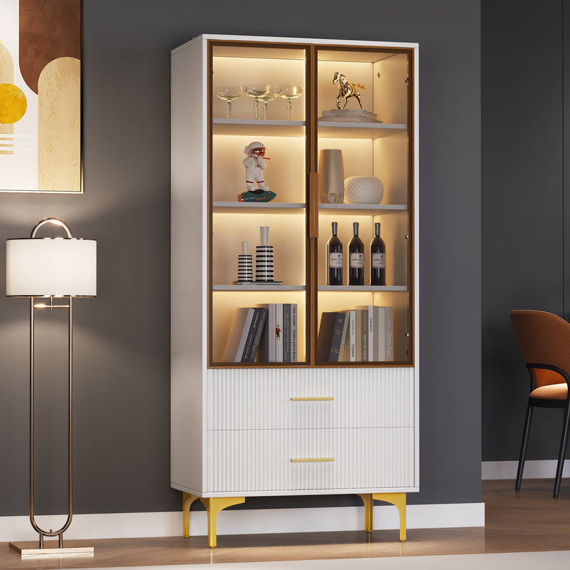 Vitrine Blanche Élégante avec Portes en Verre Teinté, LED 16 Couleurs et Pieds Dorés VRETONS