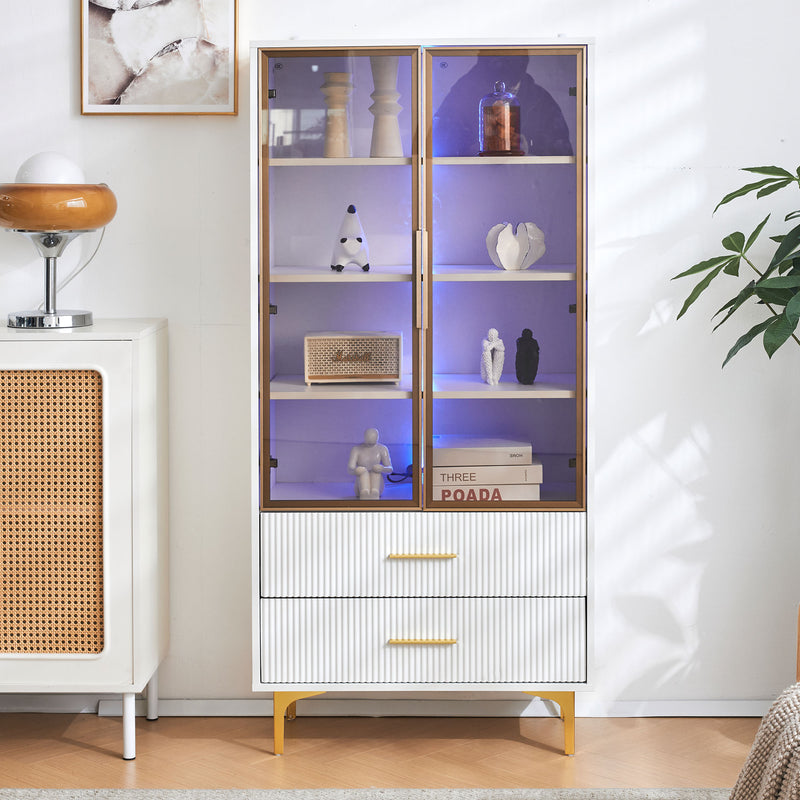 Vitrine Blanche Élégante avec Portes en Verre Teinté, LED 16 Couleurs et Pieds Dorés VRETONS