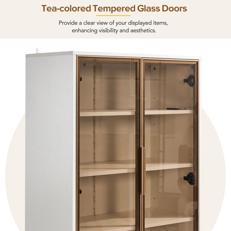 Vitrine Blanche Élégante avec Portes en Verre Teinté, LED 16 Couleurs et Pieds Dorés VRETONS