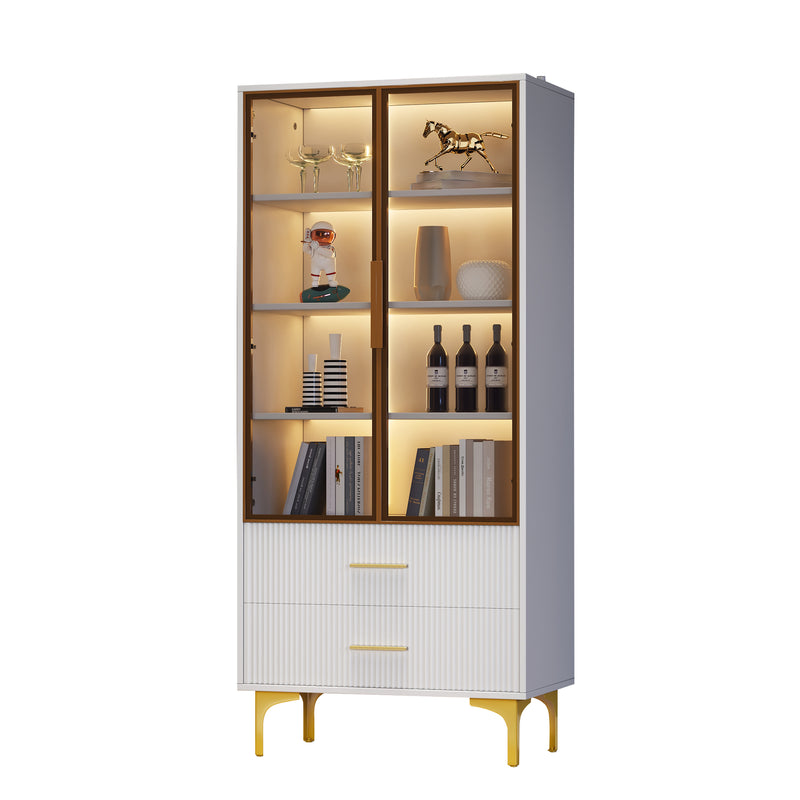 Vitrine Blanche Élégante avec Portes en Verre Teinté, LED 16 Couleurs et Pieds Dorés VRETONS