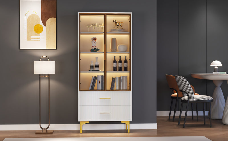 Vitrine Blanche Élégante avec Portes en Verre Teinté, LED 16 Couleurs et Pieds Dorés VRETONS