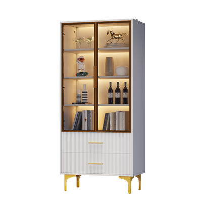 Vitrine Blanche Élégante avec Portes en Verre Teinté, LED 16 Couleurs et Pieds Dorés VRETONS