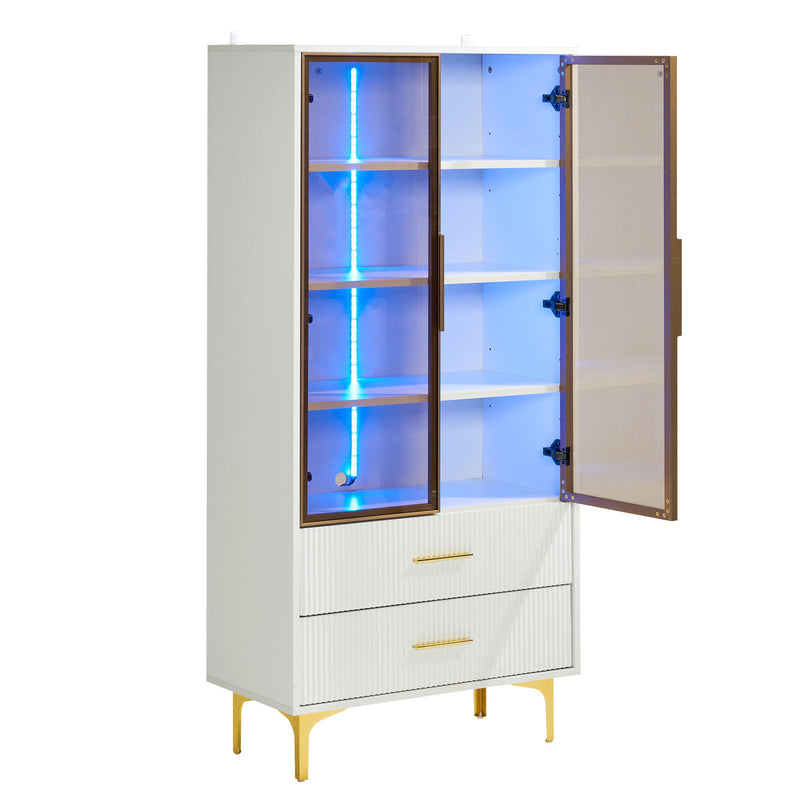 Vitrine Blanche Élégante avec Portes en Verre Teinté, LED 16 Couleurs et Pieds Dorés VRETONS
