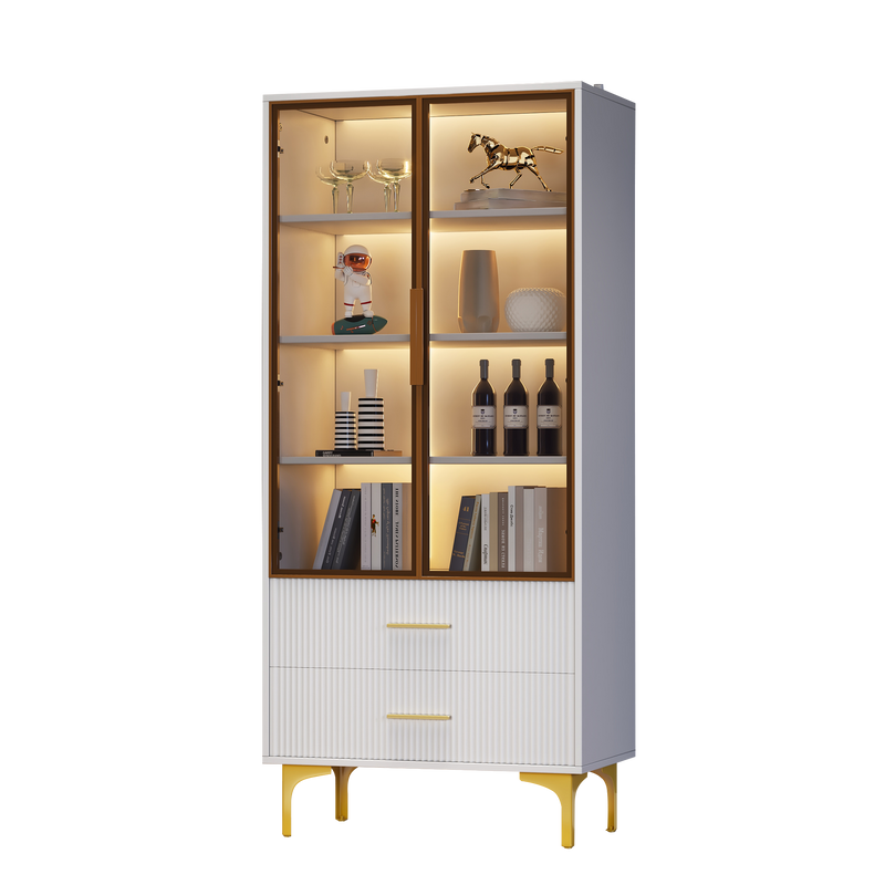 Vitrine Blanche Élégante avec Portes en Verre Teinté, LED 16 Couleurs et Pieds Dorés VRETONS