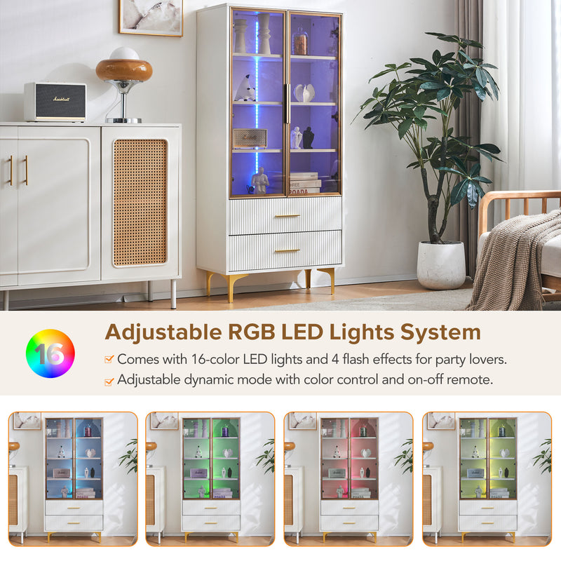 Vitrine Blanche Élégante avec Portes en Verre Teinté, LED 16 Couleurs et Pieds Dorés VRETONS