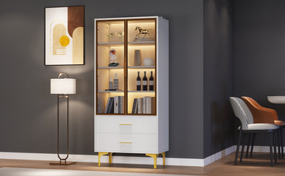 Vitrine Blanche Élégante avec Portes en Verre Teinté, LED 16 Couleurs et Pieds Dorés VRETONS