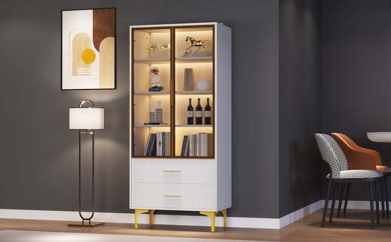 Vitrine Blanche Élégante avec Portes en Verre Teinté, LED 16 Couleurs et Pieds Dorés VRETONS
