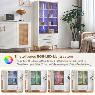 Vitrine Blanche Élégante avec Portes en Verre Teinté, LED 16 Couleurs et Pieds Dorés VRETONS