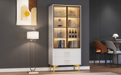 Vitrine Blanche Élégante avec Portes en Verre Teinté, LED 16 Couleurs et Pieds Dorés VRETONS