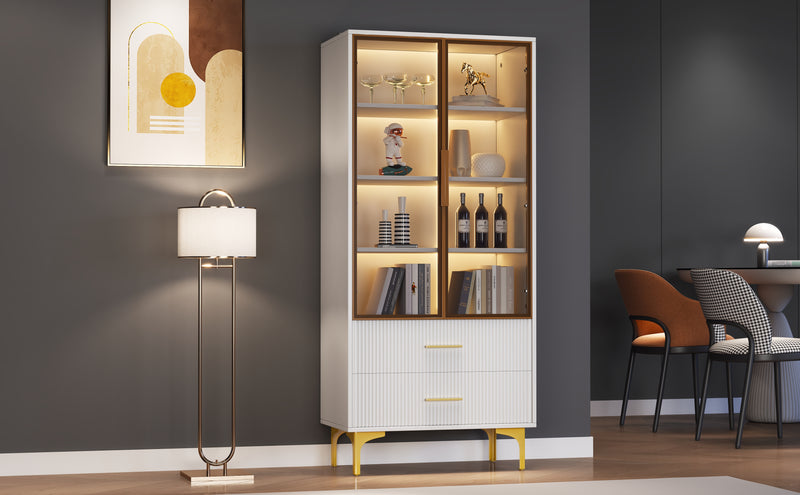 Vitrine Blanche Élégante avec Portes en Verre Teinté, LED 16 Couleurs et Pieds Dorés VRETONS