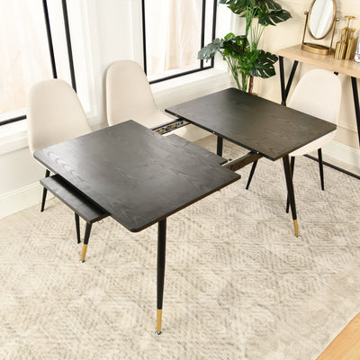 Rectangular extendable dining table black wood effect Scandinavian style gold dot legs 120-160 WHALEN DARK WOOD STRETCH TABLE BG