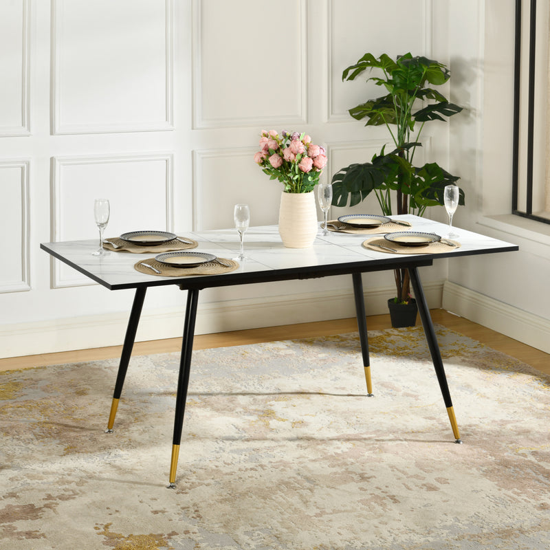 White marble effect Scandinavian style rectangular extendable dining table with black legs 120-160 WHALEN WHITE MARBLE STRETCH TABLE BG