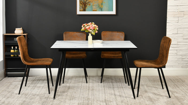 White marble effect Scandinavian style rectangular extendable dining table with black legs 120-160 WHALEN WHITE MARBLE STRETCH TABLE BLACK LEG