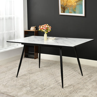 White marble effect Scandinavian style rectangular extendable dining table with black legs 120-160 WHALEN WHITE MARBLE STRETCH TABLE BLACK LEG