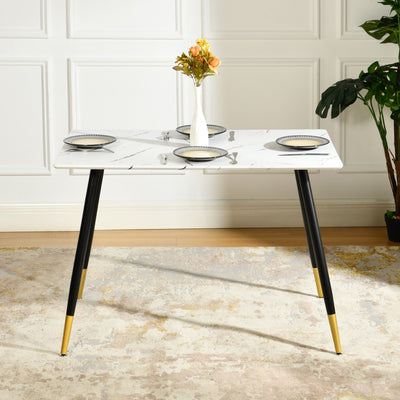 Rectangular dining table in white marble effect, Scandinavian style, gold dot legs 110x70cm WHALEN MARBLE TABLE BG