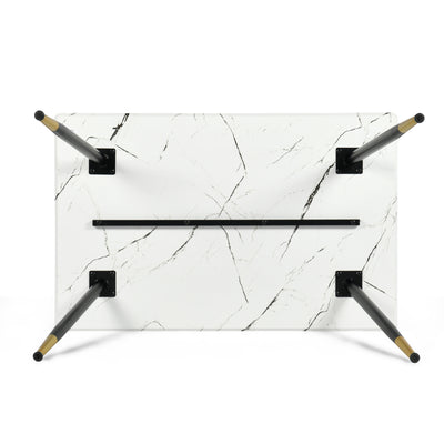 Rectangular dining table in white marble effect, Scandinavian style, gold dot legs 110x70cm WHALEN MARBLE TABLE BG