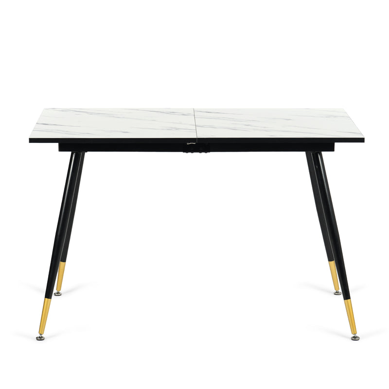White marble effect Scandinavian style rectangular extendable dining table with black legs 120-160 WHALEN WHITE MARBLE STRETCH TABLE BG