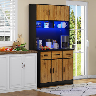 Buffet Multifonctionnel 180cm Noir et Naturel avec Éclairage LED, Prises USB et Rangement Optimisé XOK