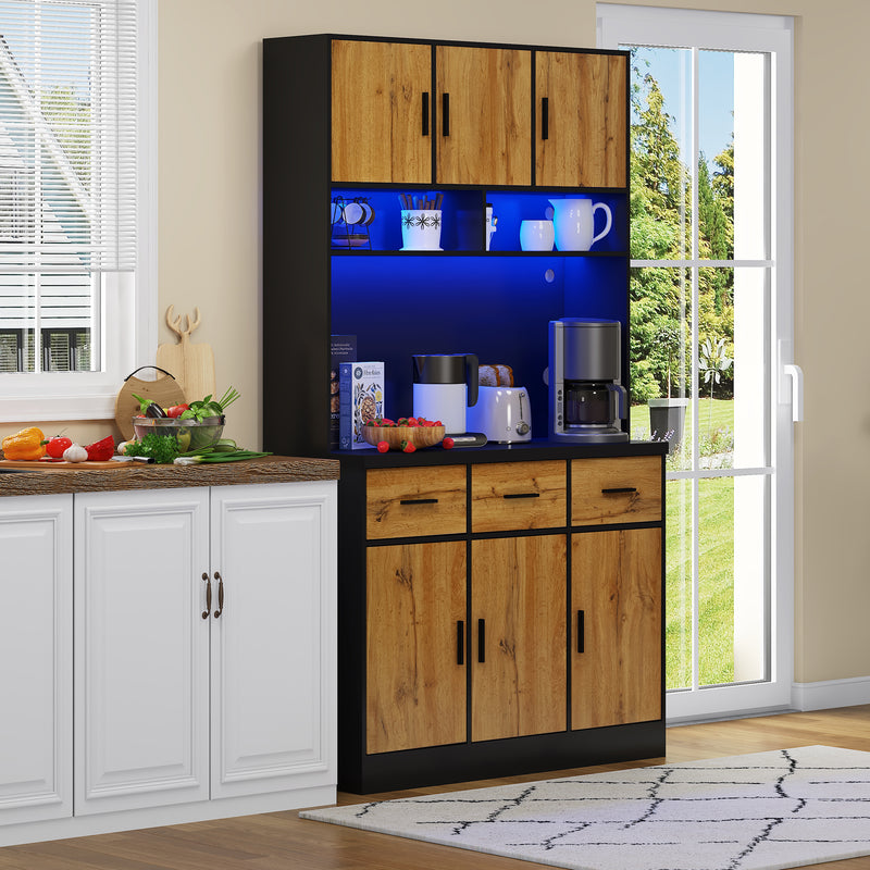 Buffet Multifonctionnel 180cm Noir et Naturel avec Éclairage LED, Prises USB et Rangement Optimisé XOK