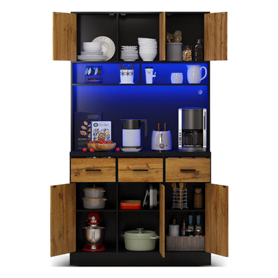 Buffet Multifonctionnel 180cm Noir et Naturel avec Éclairage LED, Prises USB et Rangement Optimisé XOK