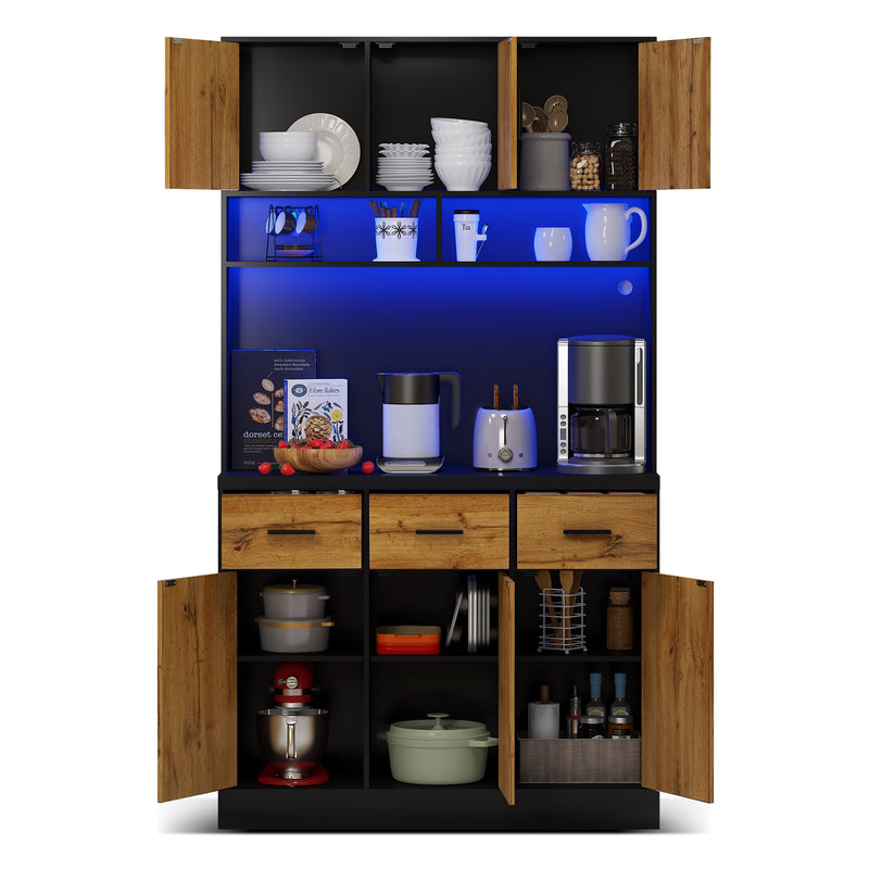 Buffet Multifonctionnel 180cm Noir et Naturel avec Éclairage LED, Prises USB et Rangement Optimisé XOK