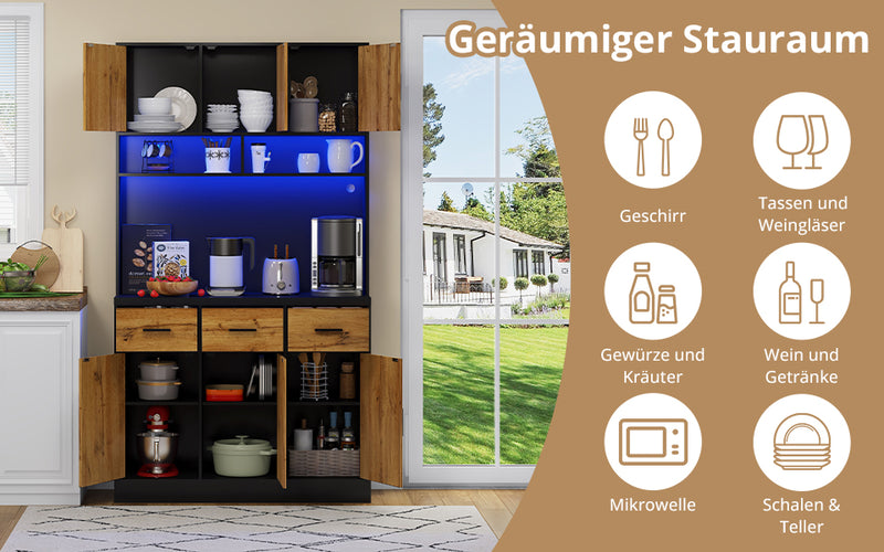 Buffet Multifonctionnel 180cm Noir et Naturel avec Éclairage LED, Prises USB et Rangement Optimisé XOK