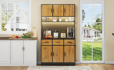 Buffet Multifonctionnel 180cm Noir et Naturel avec Éclairage LED, Prises USB et Rangement Optimisé XOK