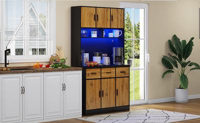 Buffet Multifonctionnel 180cm Noir et Naturel avec Éclairage LED, Prises USB et Rangement Optimisé XOK